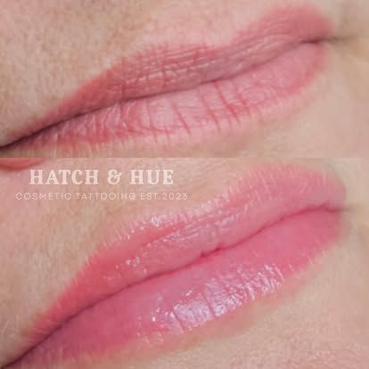 Before and after of lip blush tattoo. Top lips pale, bottom lips vibrant pink, with gloss.