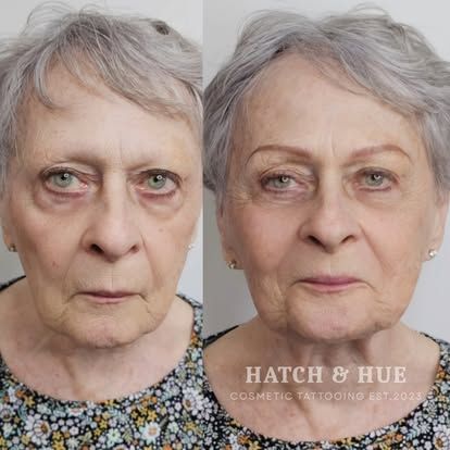 Before/after photos of an older woman with cosmetic eyebrow tattooing. Shows her face, with more defined brows.