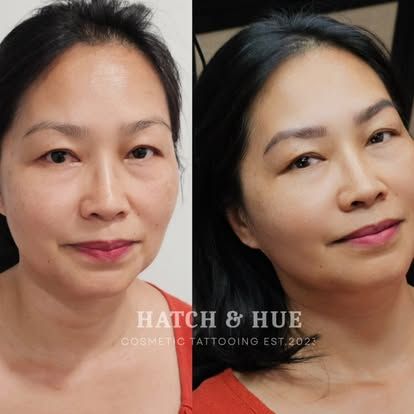 Before and after cosmetic eyebrow tattooing of an Asian woman. Right side shows tattooed eyebrows.
