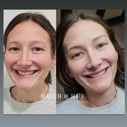 Before and after eyebrow cosmetic tattooing. A smiling woman's eyebrows are fuller, and more defined after treatment.