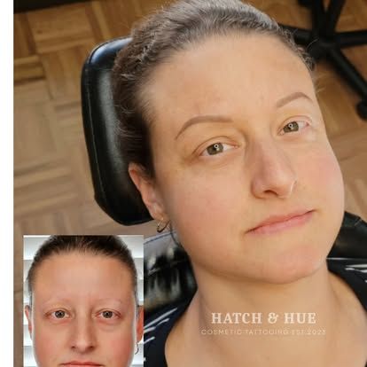 Woman with tattooed eyebrows; before and after comparison.