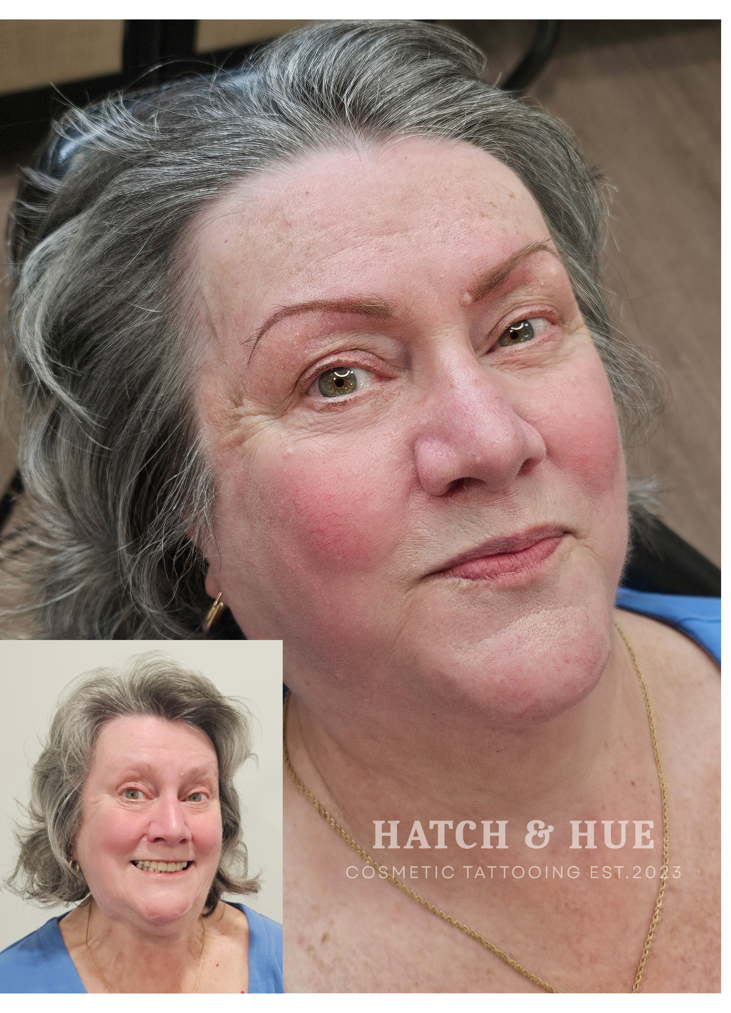 Before and after photos of a woman with new eyebrow tattoos.