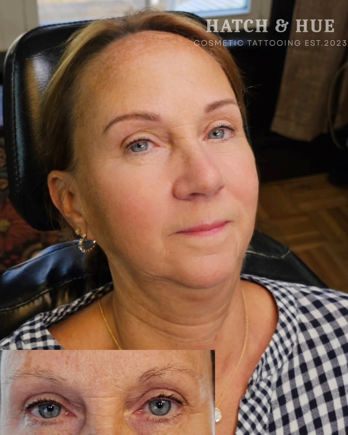 Woman with new eyebrow makeup, inset shows her before.