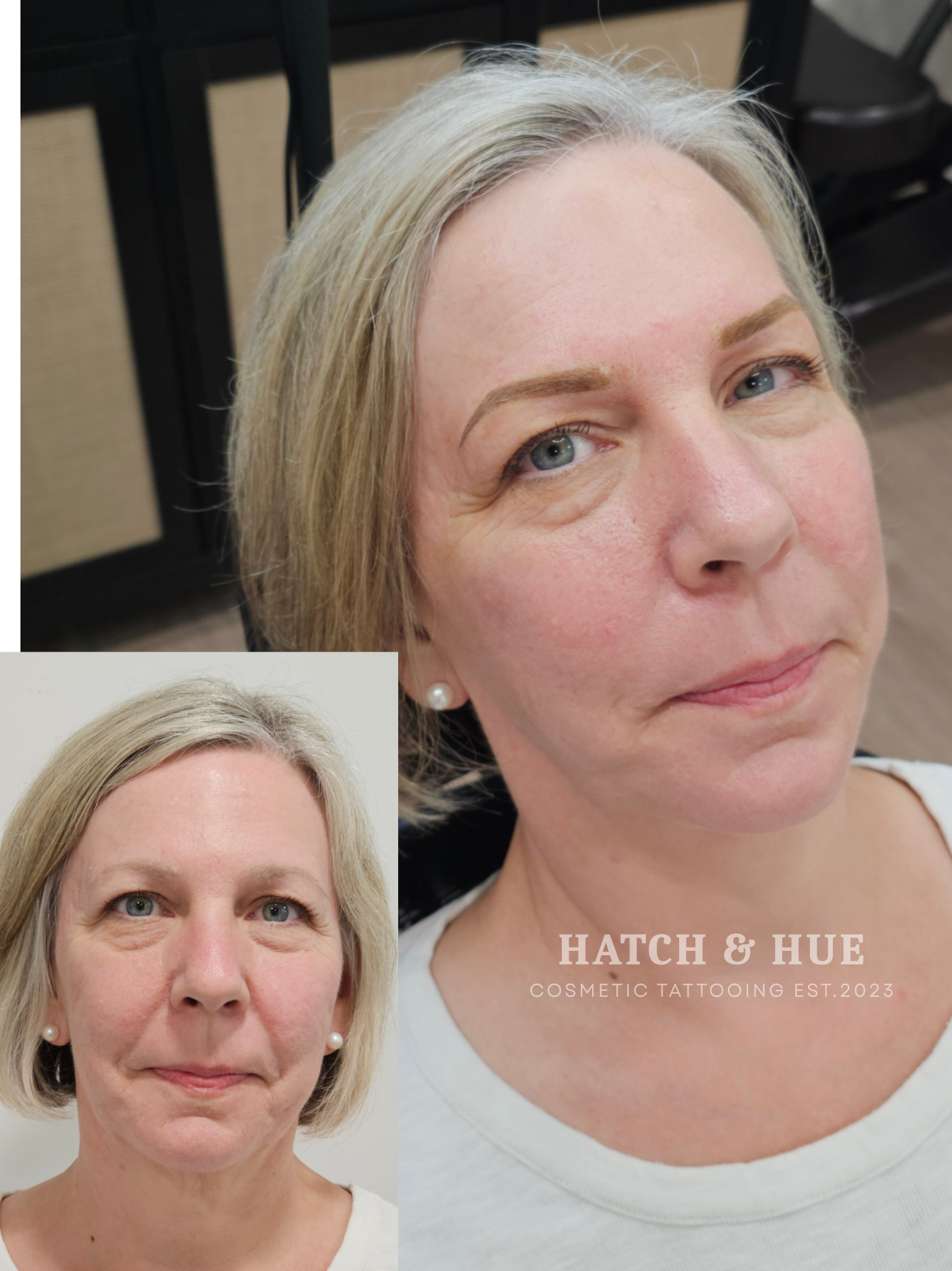 Woman with new eyebrow microblading; before/after comparison. Blonde hair, fair skin, light brown brows.