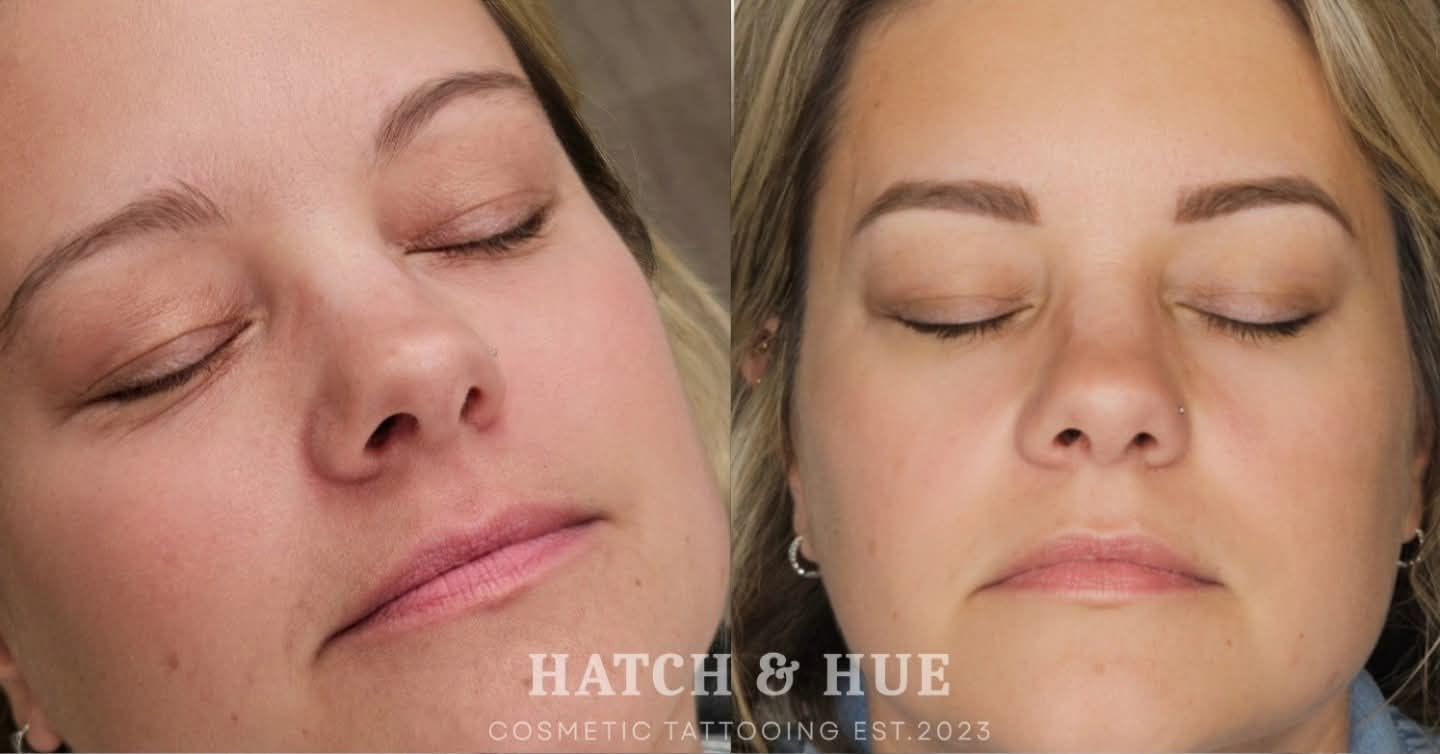 Before and after photos of woman's eyebrows, showing a change in shape and color.