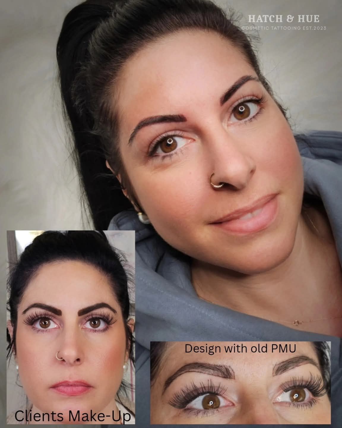Woman's face with before/after eyebrow comparison. Client with makeup, post-brow treatment, and close-up of treated eyebrow.
