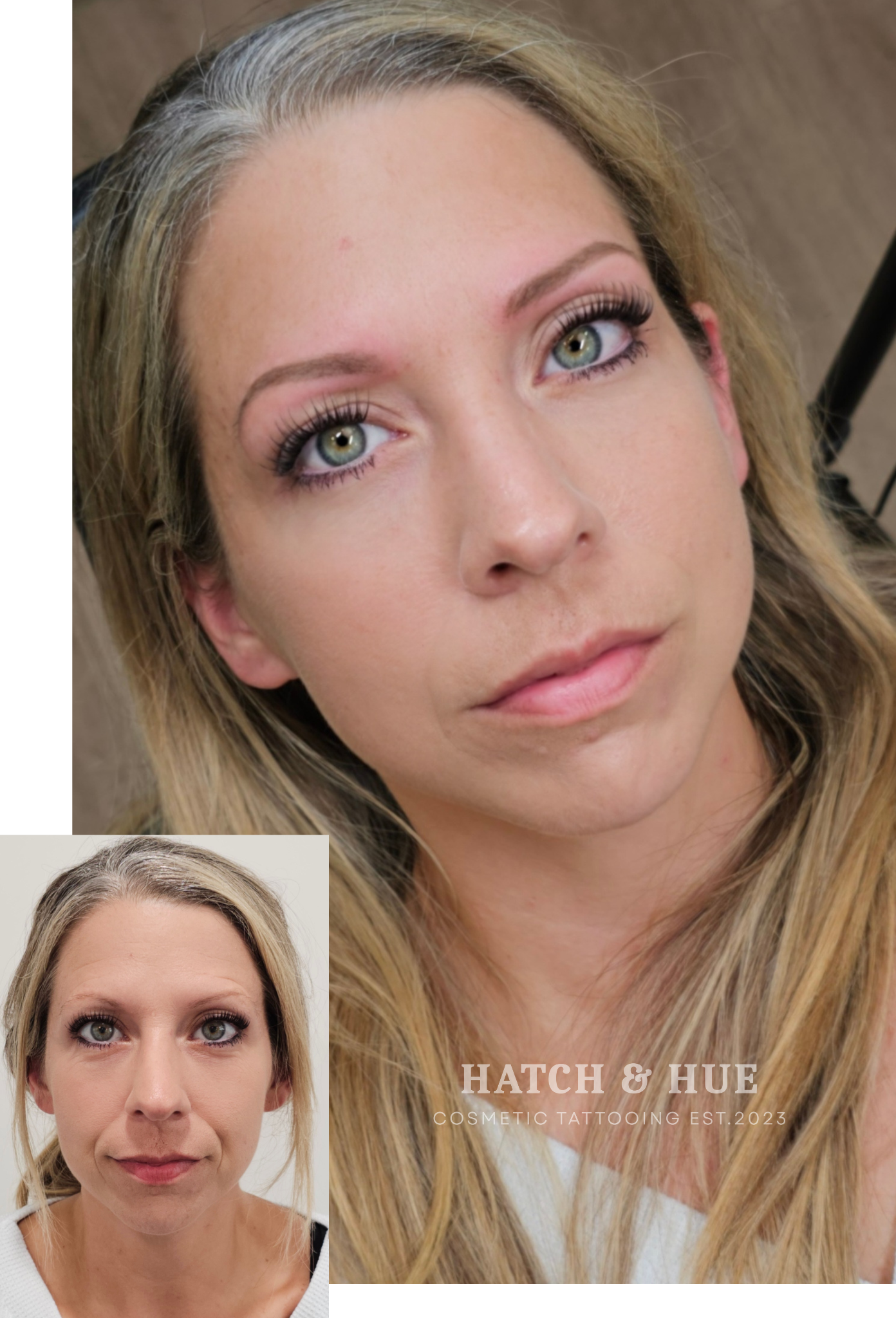 Woman with enhanced eyebrows, before and after; blonde hair, fair skin, green eyes.
