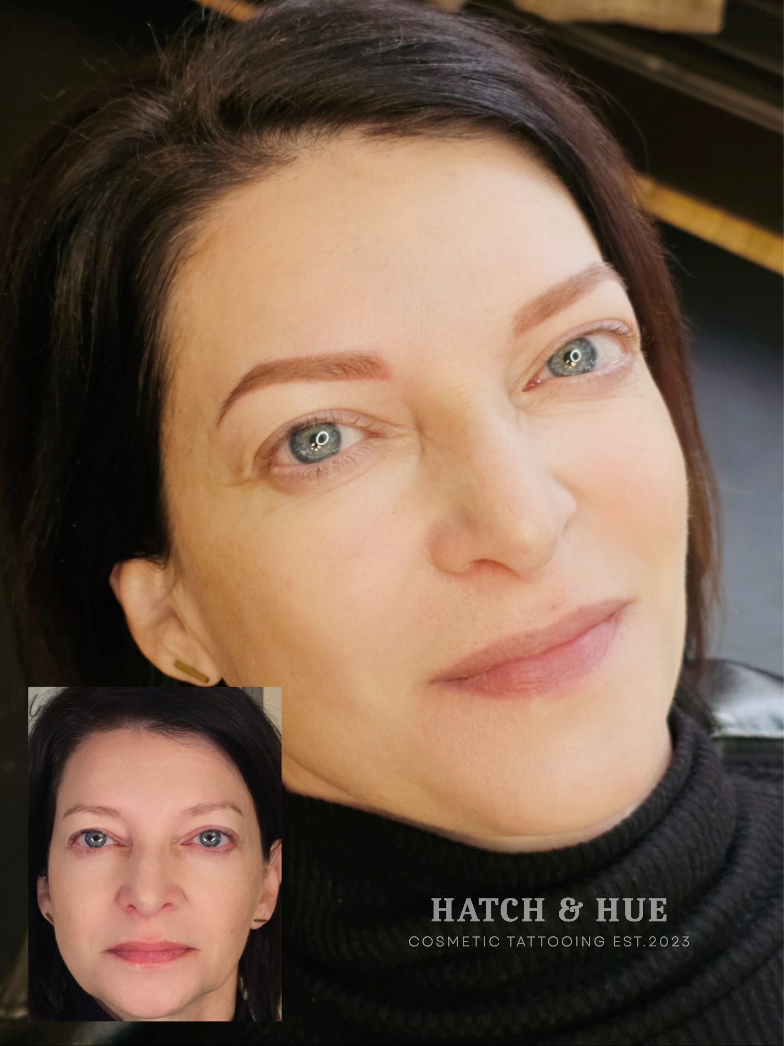 Woman with new eyebrows, smiling. Before/after comparison.