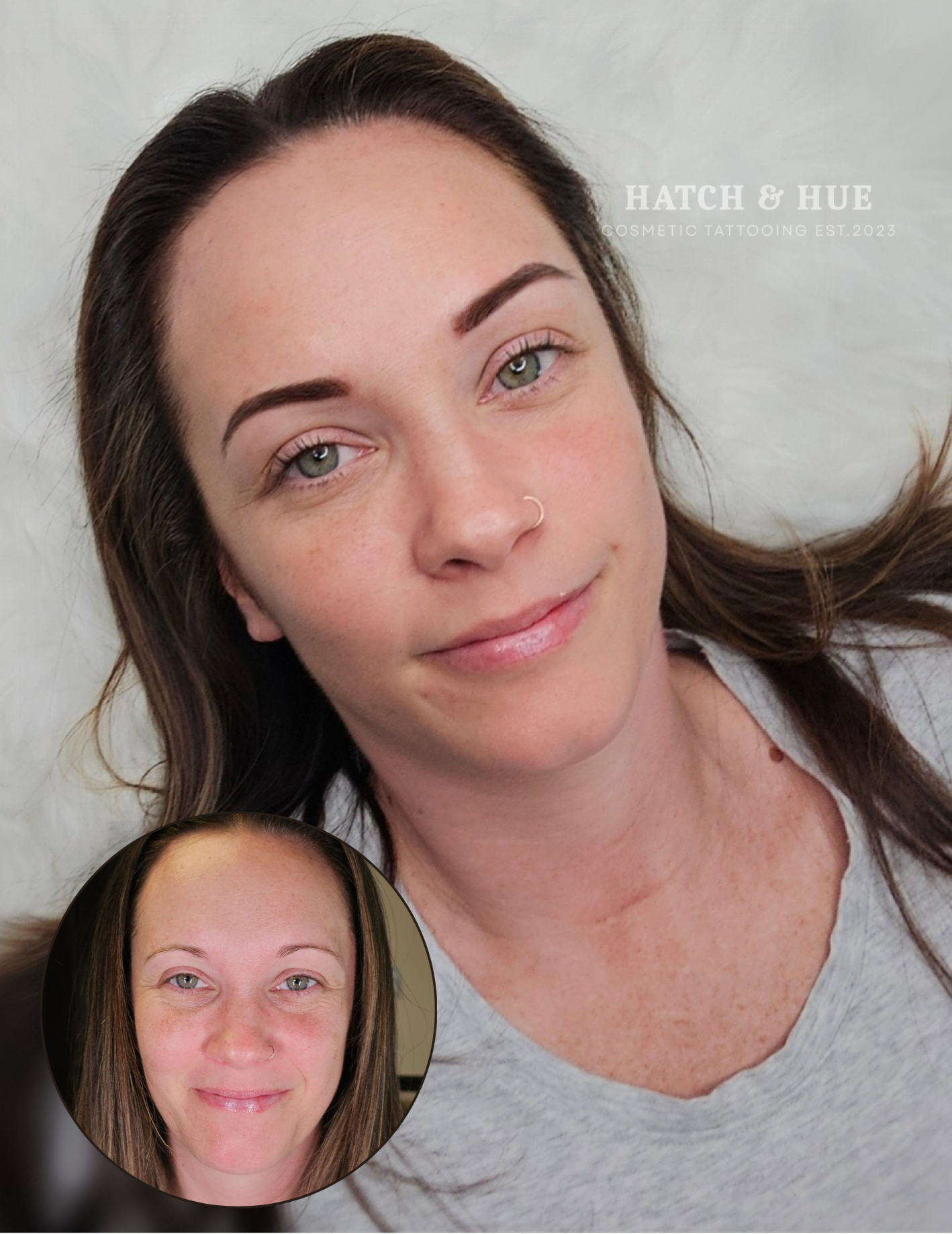 Woman with newly tattooed eyebrows, before and after comparison.