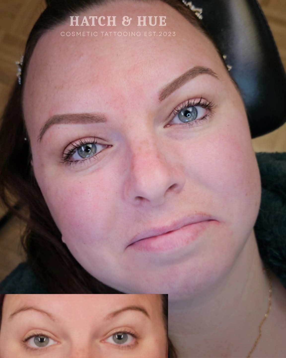 Woman with permanent eyebrow makeup; before and after comparison.