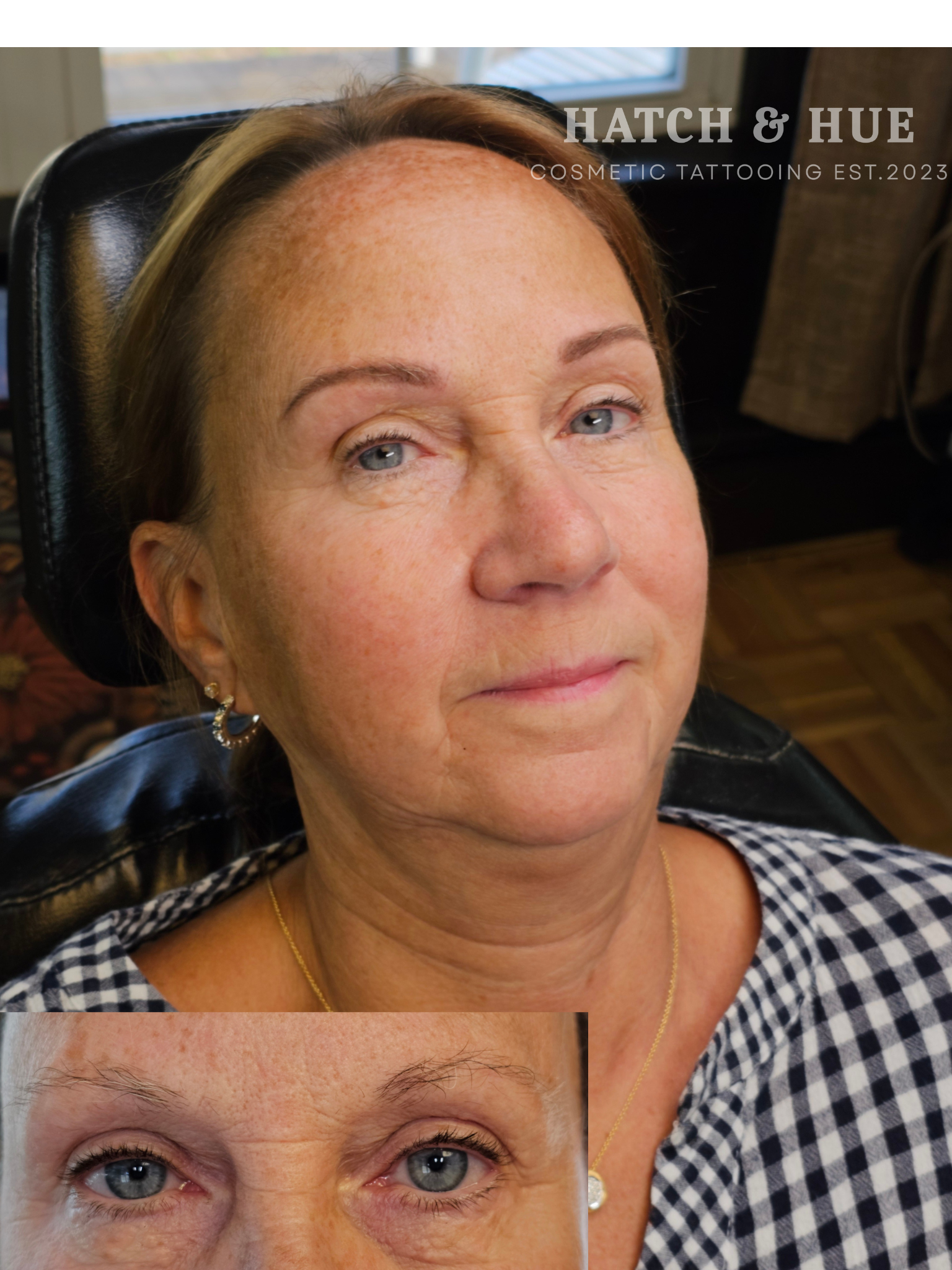 Woman with new eyebrows and a before image of her eyes.