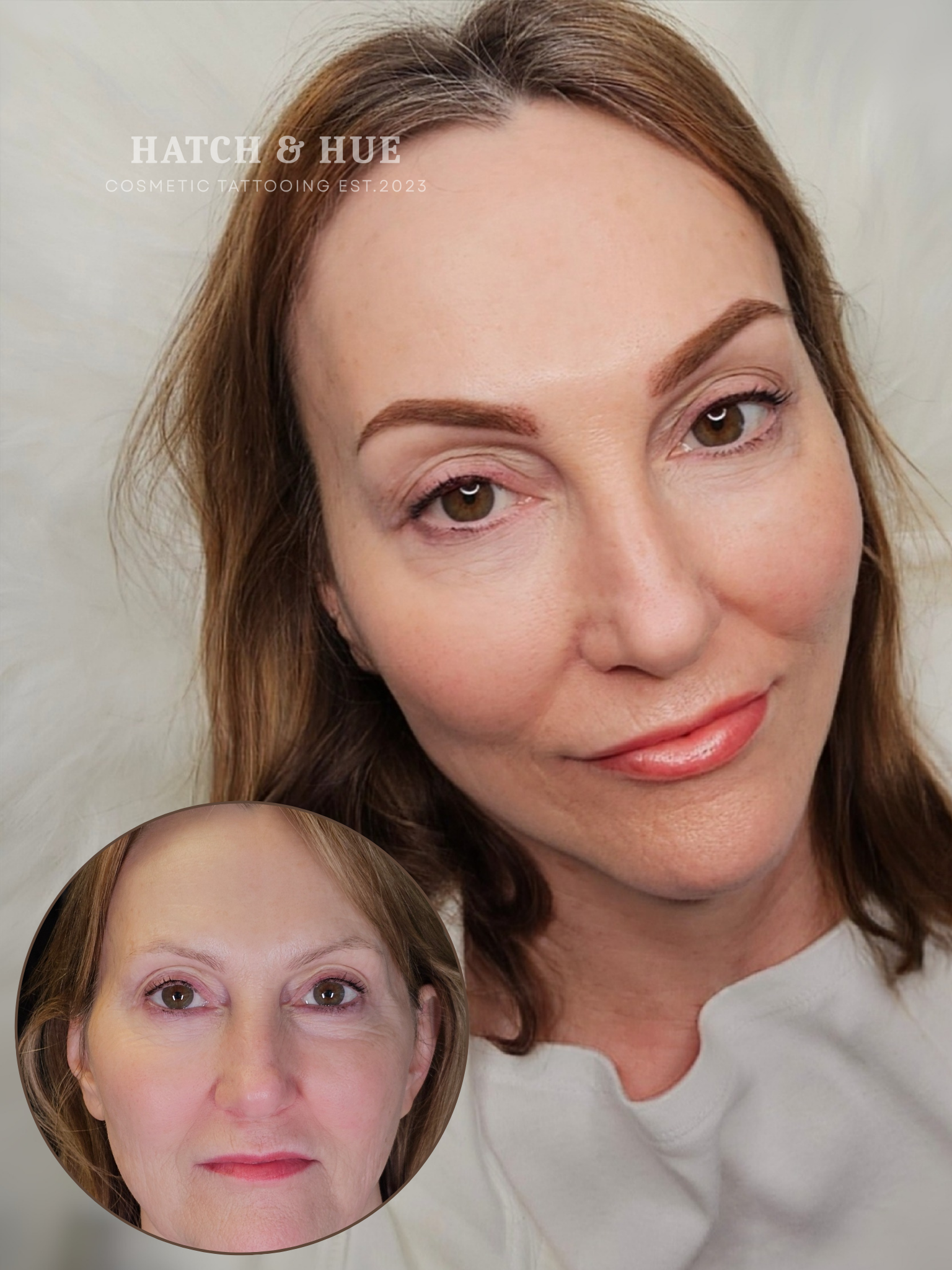 Woman's before and after view with permanent makeup. Darker eyebrows, and lip color.