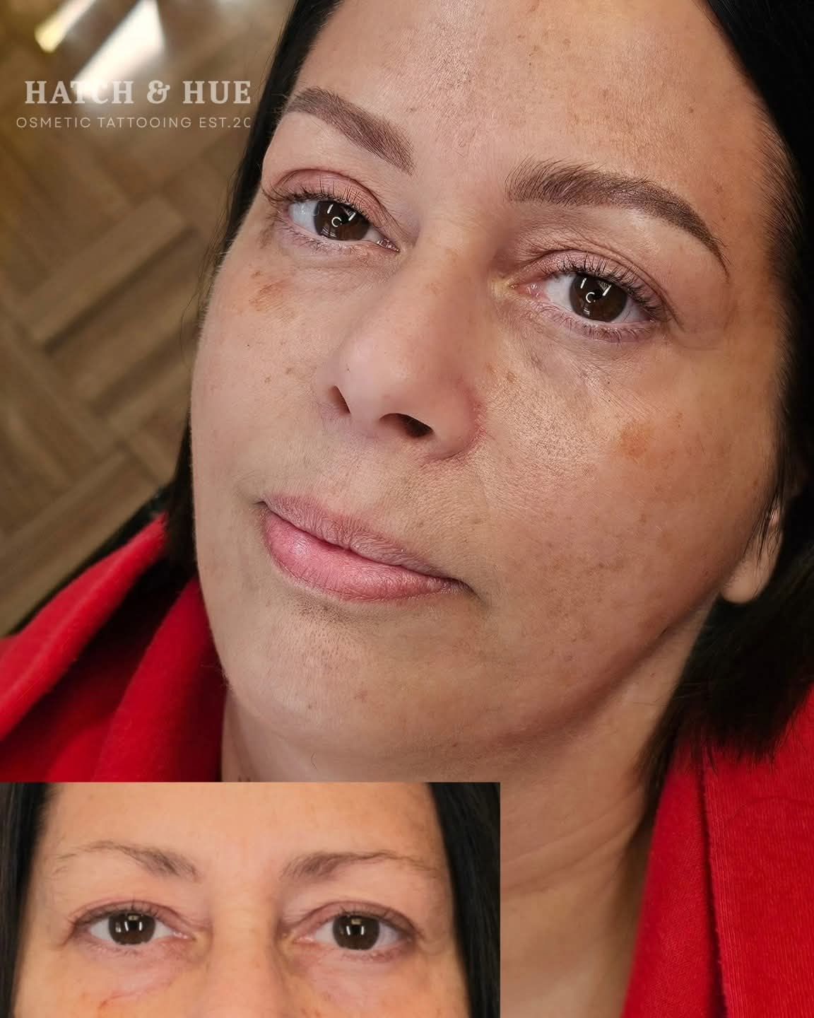 Woman with permanent makeup on eyebrows and lips, before and after photos.