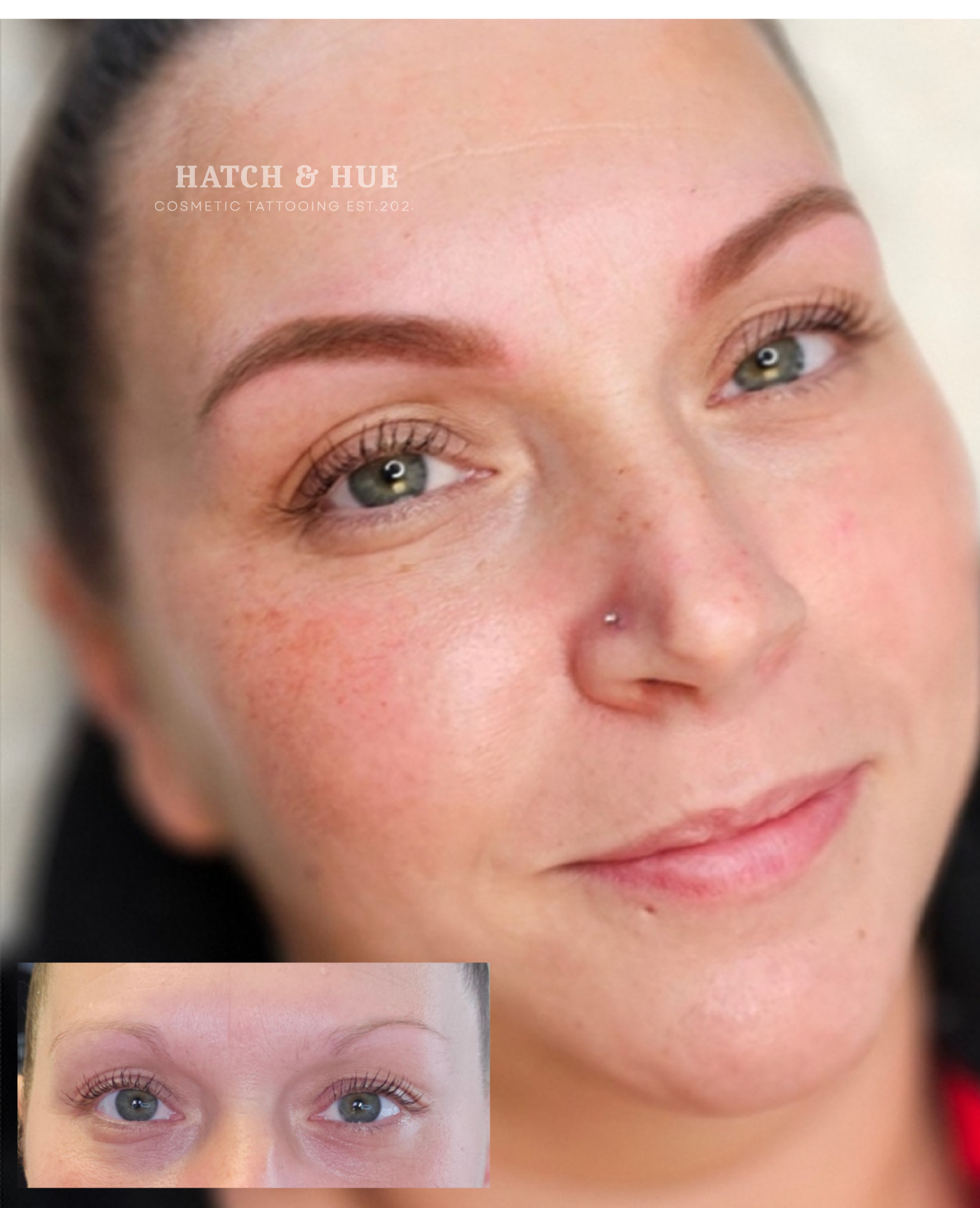 Woman with new eyebrow tattoo, before/after comparison. Brown brows, nose piercing, fair skin, slight smile.