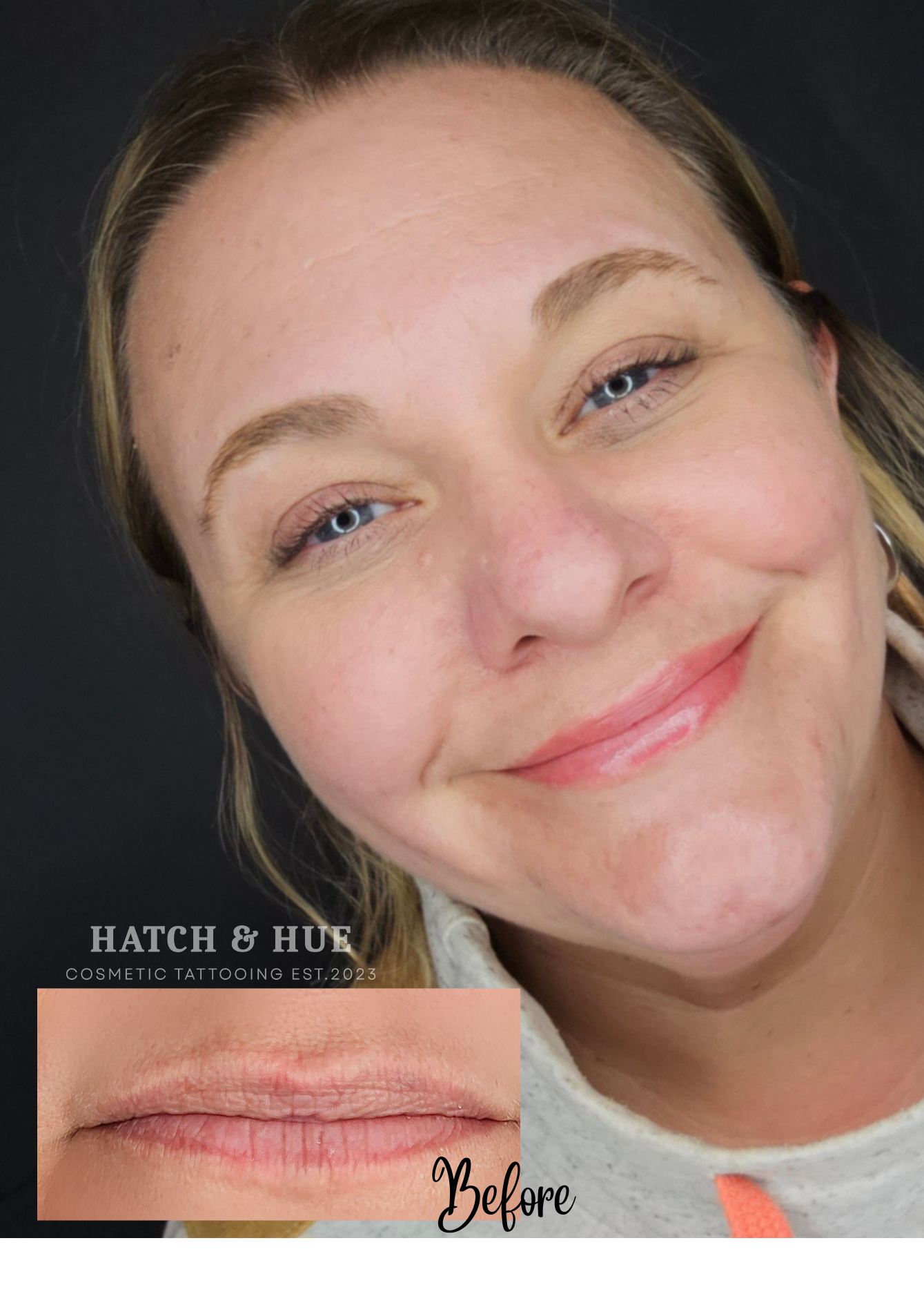 Woman with permanent makeup, smiles, showcasing lip and brow enhancements. Before/after lip photo inset.