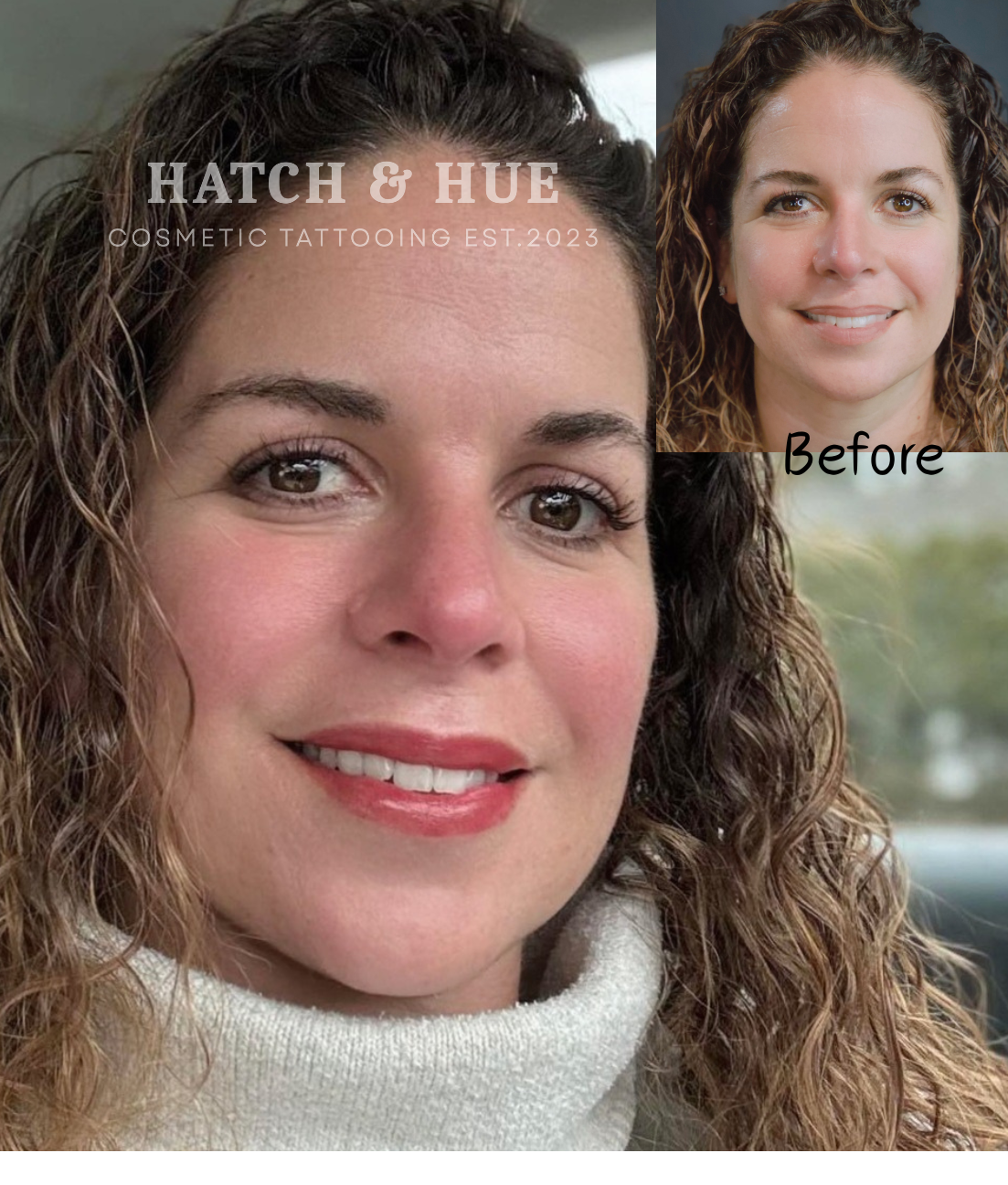 Woman with cosmetic tattooing, before/after shots. Smiling with brown eyes, rosy lips.