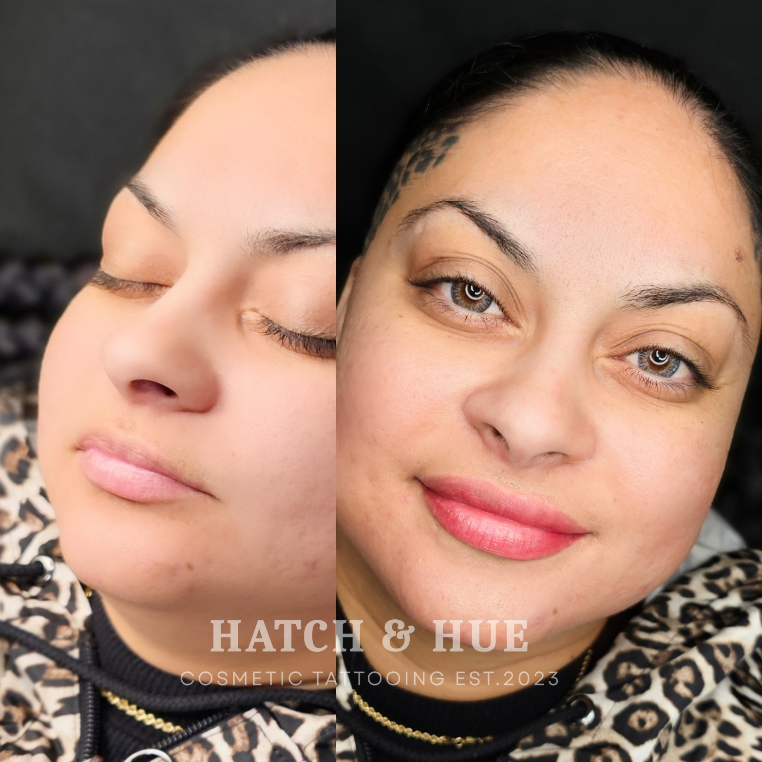 Side-by-side before and after photos of a woman's lips, eyebrows, and eyeliner. Left eye's closed, right open.