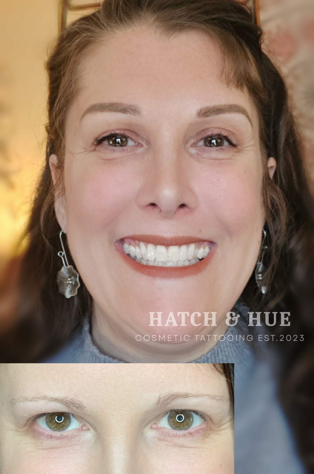Smiling woman with cosmetic enhancements, including before and after of her eyebrows.