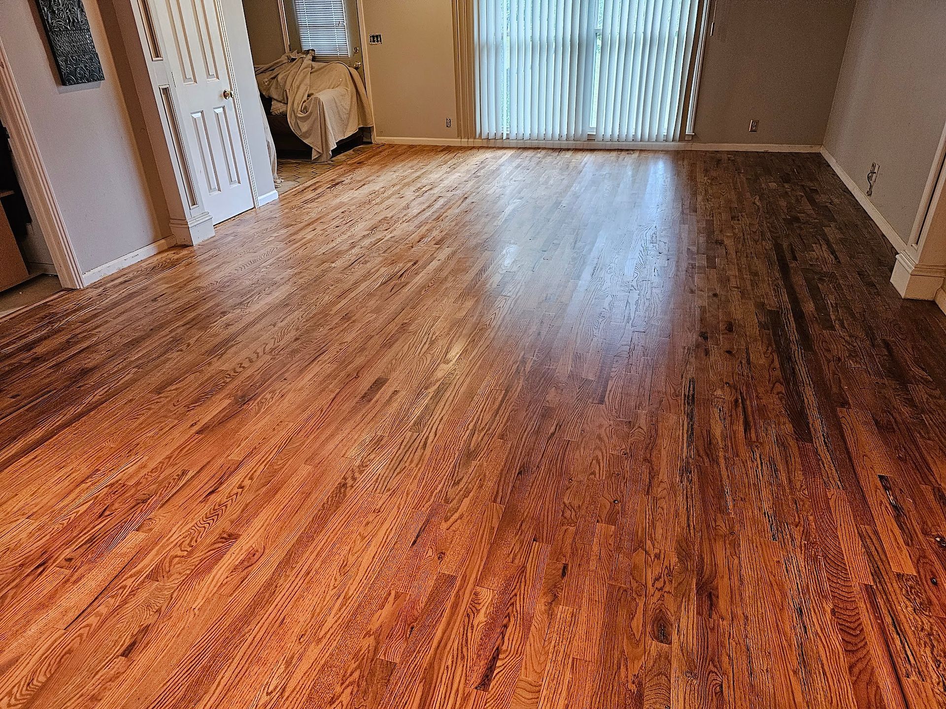 A living room with hardwood floors and a sliding glass door.