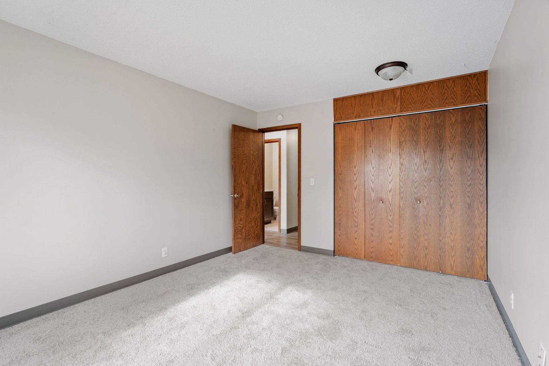 An empty bedroom with a large closet and carpeted floor.