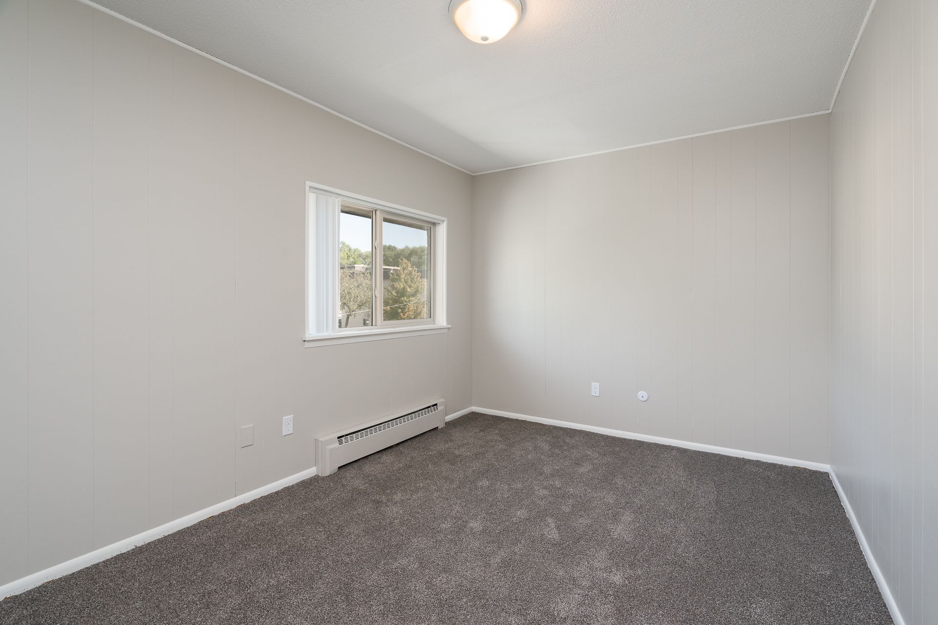 An empty bedroom with a carpeted floor and two windows.
