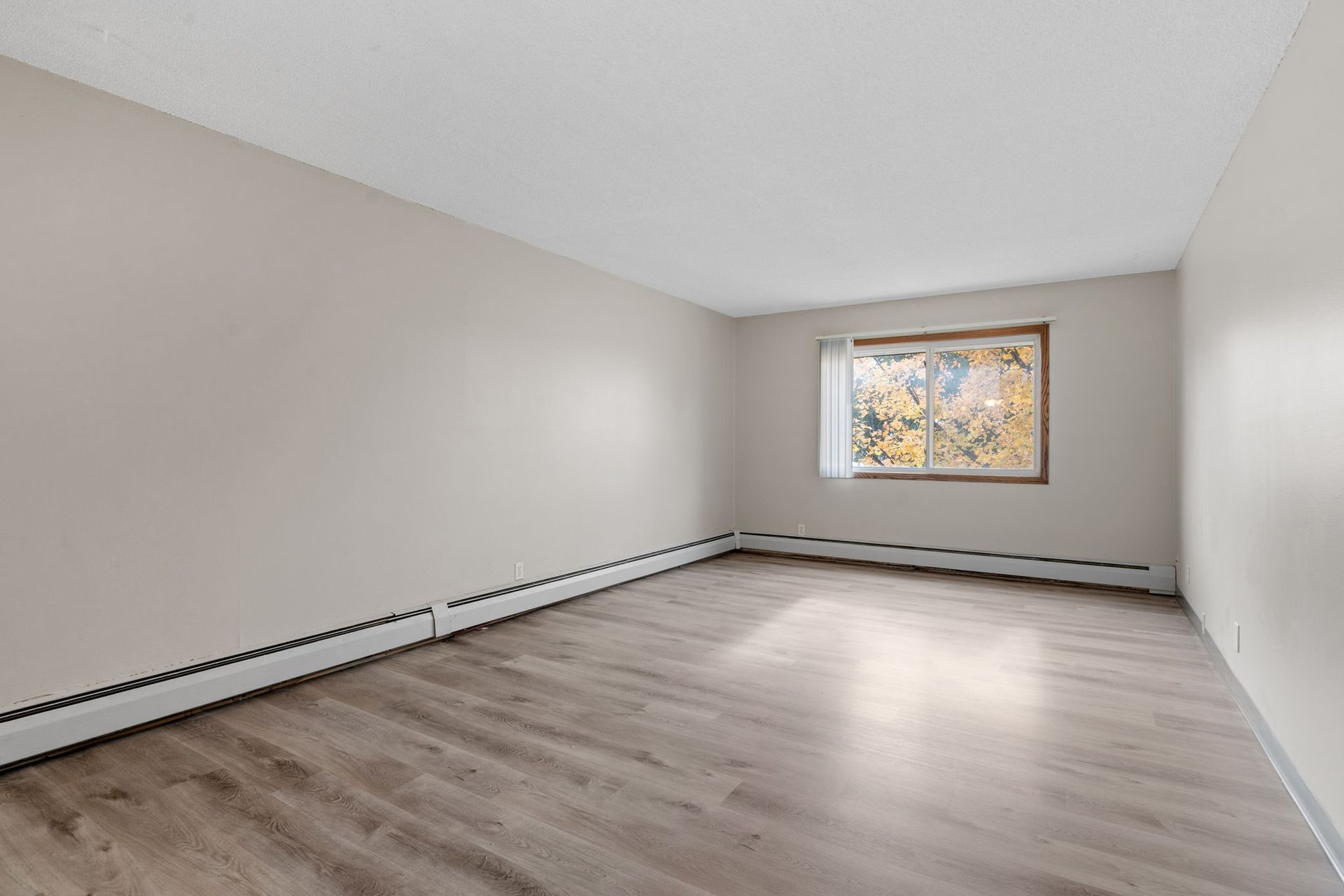 An empty living room with hardwood floors and a window.