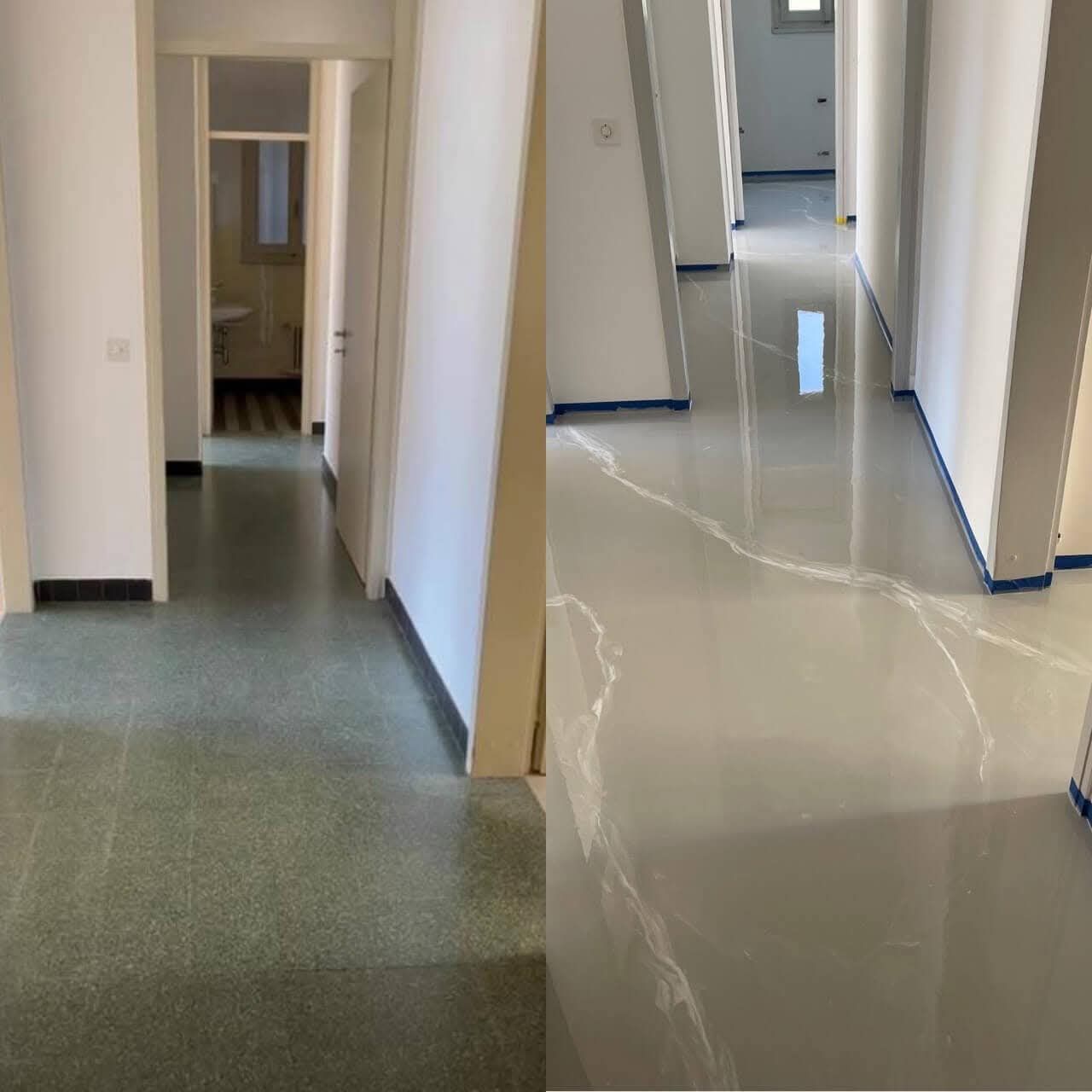 Un pavimento prima e dopo essere stato rivestito con pavimentazione in resina