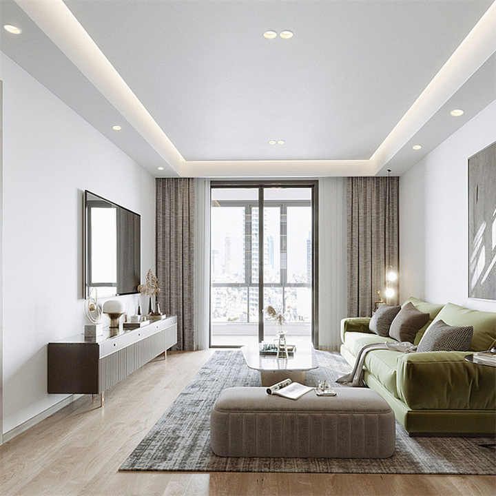 Un soggiorno con controsoffittatura con illuminazione a LED