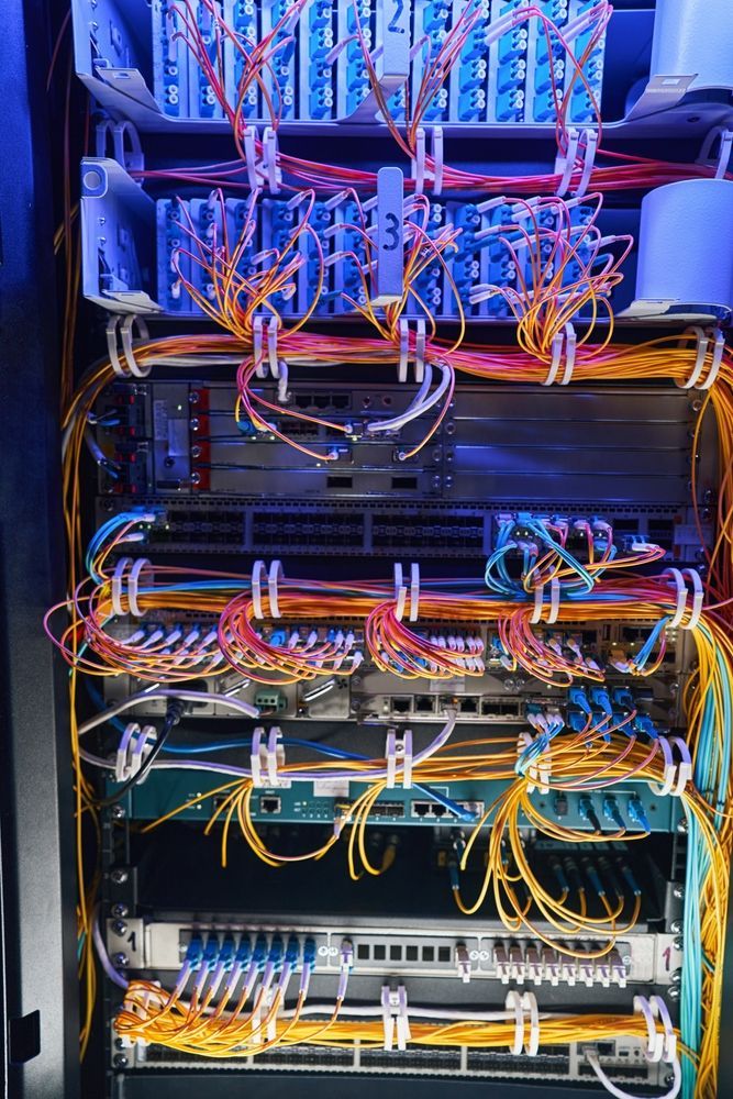 Technician testing network cables with a handheld meter in a server room