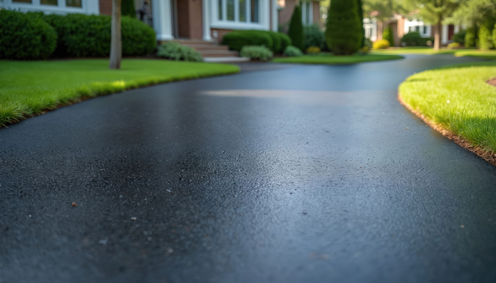 Freshly paved black asphalt driveway curving through a landscaped residential yard.