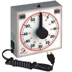 A gray mechanical timer with a white face, black hand, and red markings. It has a power cord and a black dial.