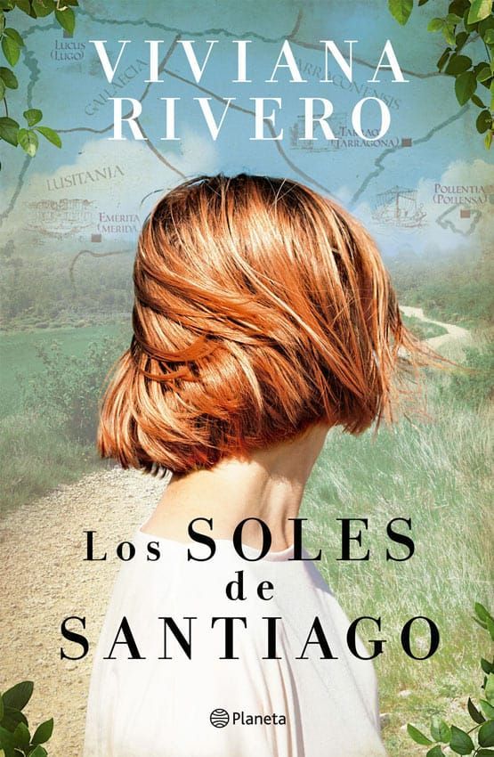 Portada del libro. Mujer en el sendero, con el cabello recogido, mirando hacia otro lado. Mapa y título: «Los Soles de Santiago». Por Viviana Rivero.