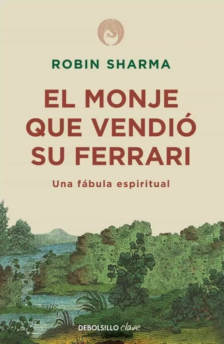 Portada del libro: «El monje que vendió su Ferrari», de Robin Sharma, en español. Portada verde y beige.