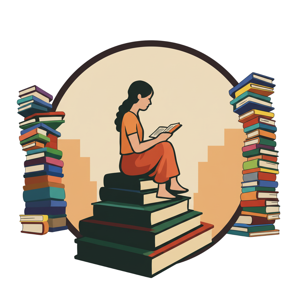 Mujer leyendo libros apilados, flanqueada por dos torres de libros, dentro de un círculo, con escalones al fondo.