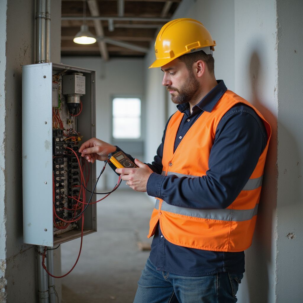 Electrician in hard hat and orange vest tests wires in a panel in a hallway.