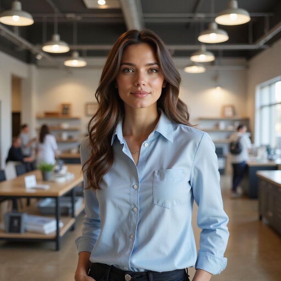 Woman in a blue shirt smiles in an office setting, hands in pockets.