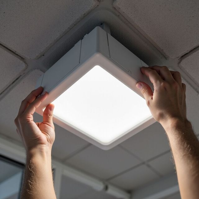 Hands installing a bright square ceiling light in a grid ceiling.