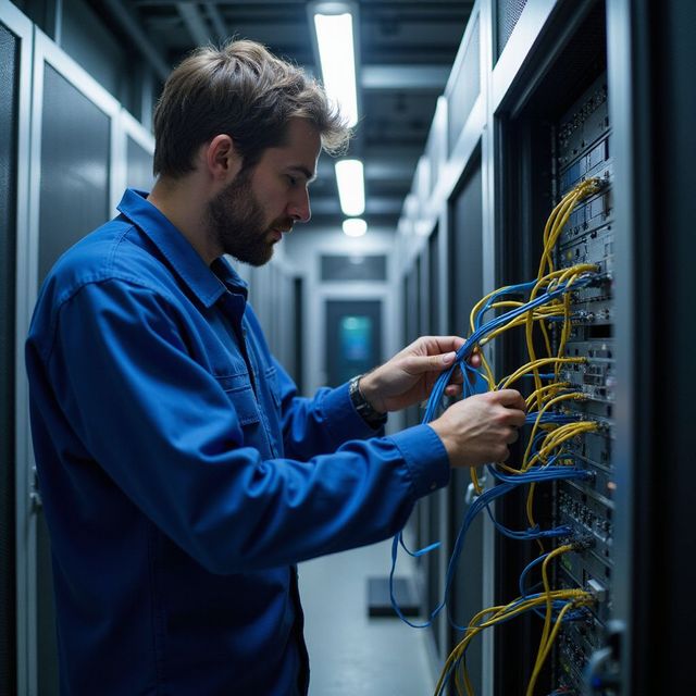 Man in blue shirt connecting network cables in a server room.