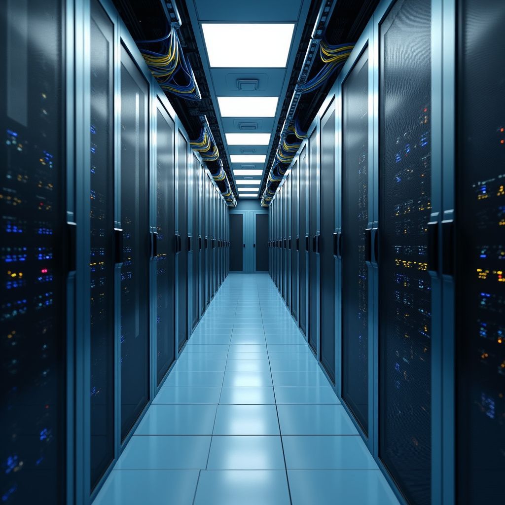 A long hallway in a data center filled with servers, bathed in cool blue light.