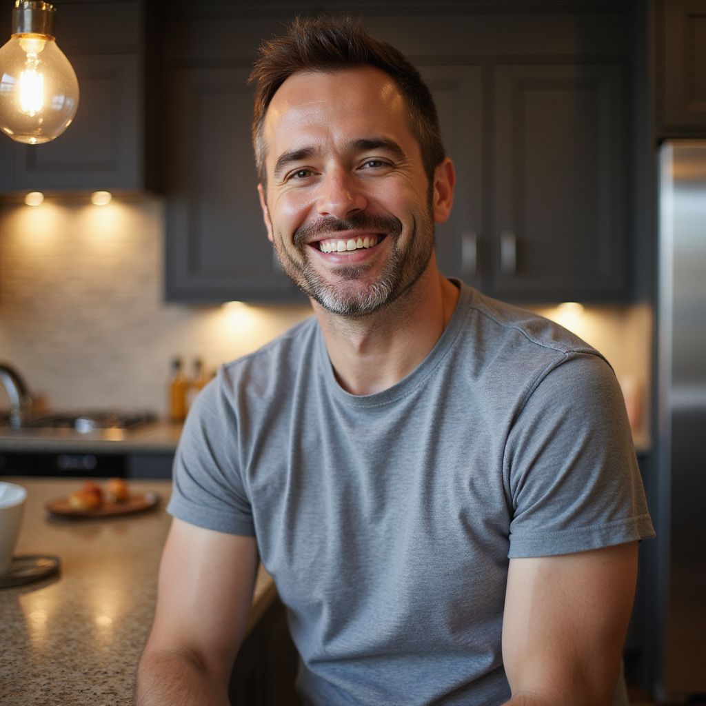 Man with a gray t-shirt smiling in a kitchen with gray cabinets and a lit bulb overhead.