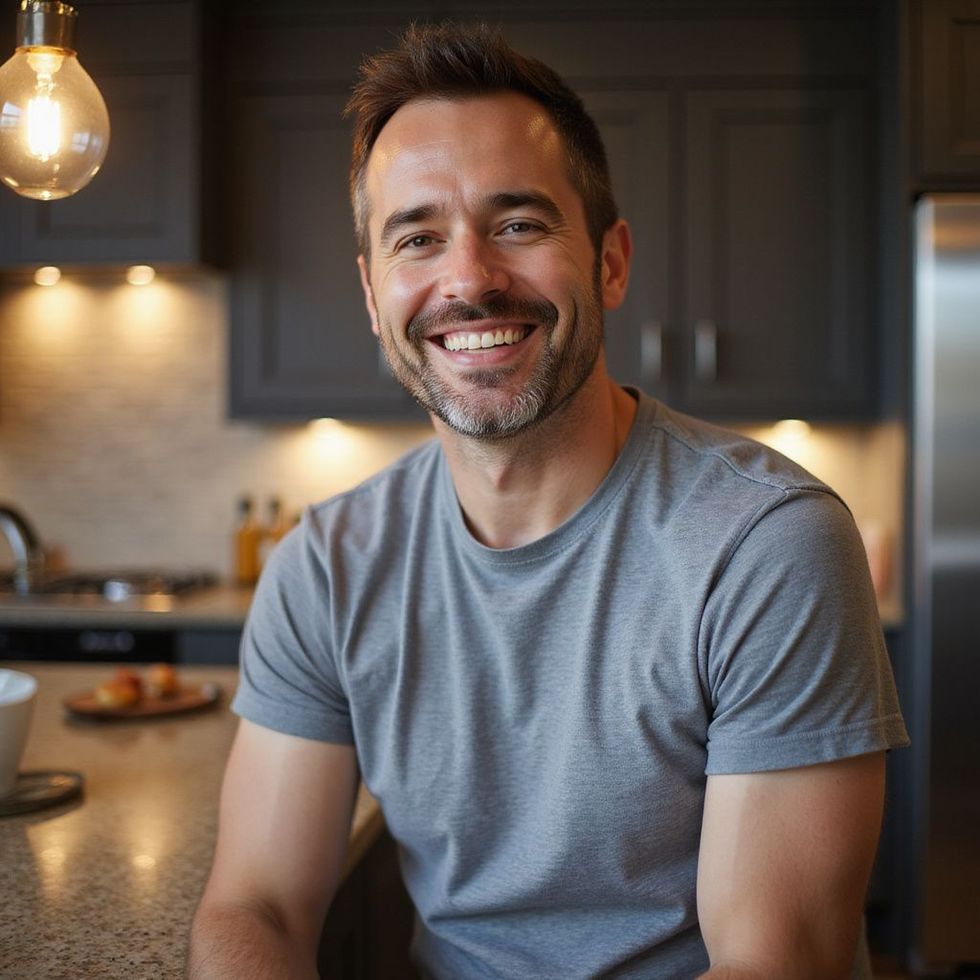 Man with a gray t-shirt smiling in a kitchen with gray cabinets and a lit bulb overhead.