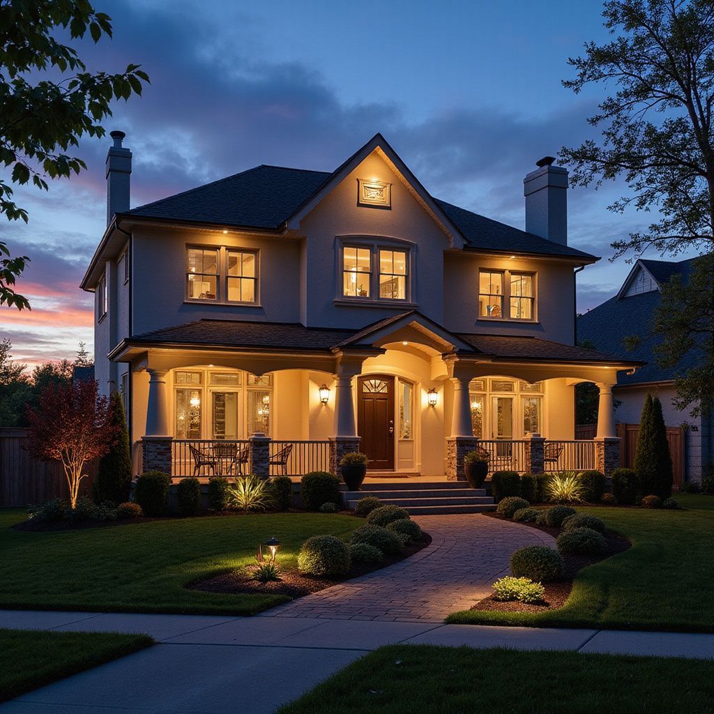 Elegant two-story house at dusk, warmly lit, with a curved walkway and manicured landscaping.