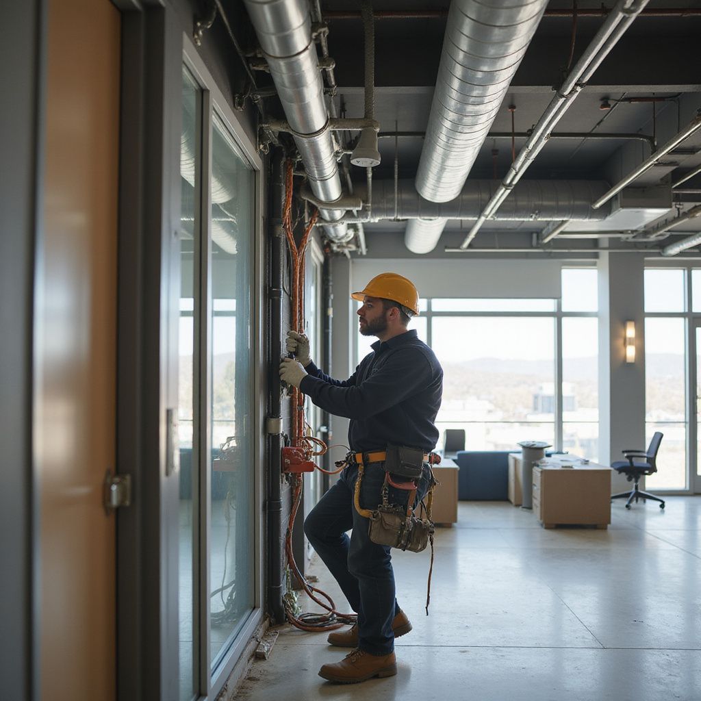 Electrician in hard hat works on wiring near a window in a bright, open office space.