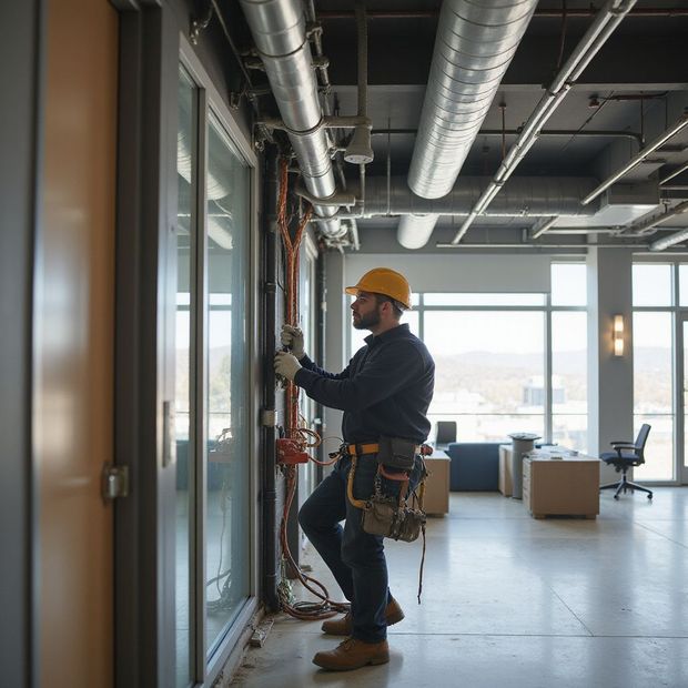 Electrician in hard hat works on wiring near a window in a bright, open office space.