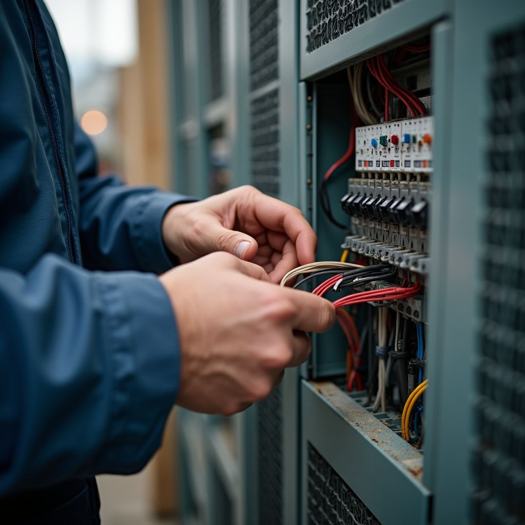 A person in blue overalls wiring an electrical panel, focusing on the wires.