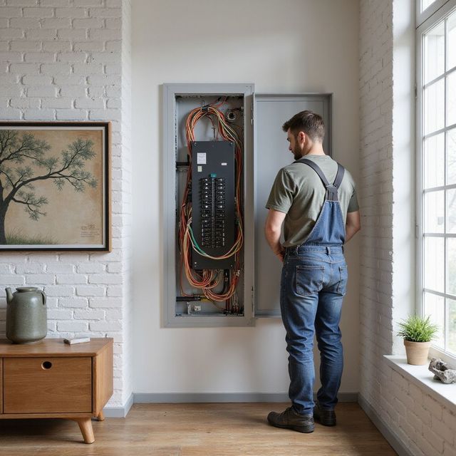 Man in overalls inspecting an electrical panel indoors, next to a window and wooden cabinet.