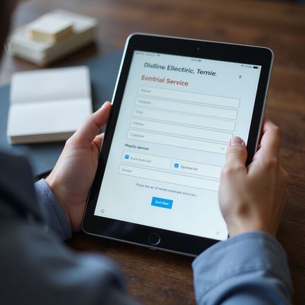 Person holding a tablet, completing an online form. Text fields include name and address.