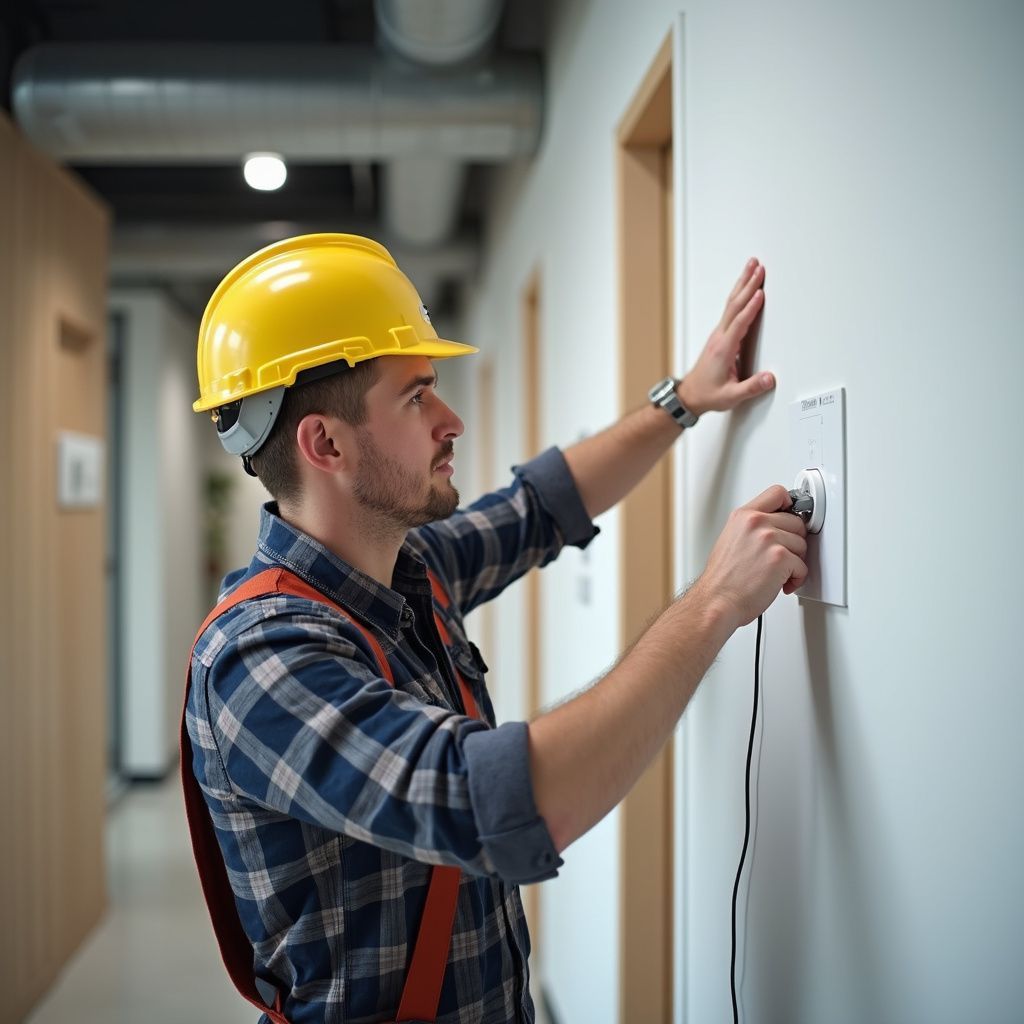 Man in yellow hard hat and plaid shirt installing an electrical outlet in a hallway.