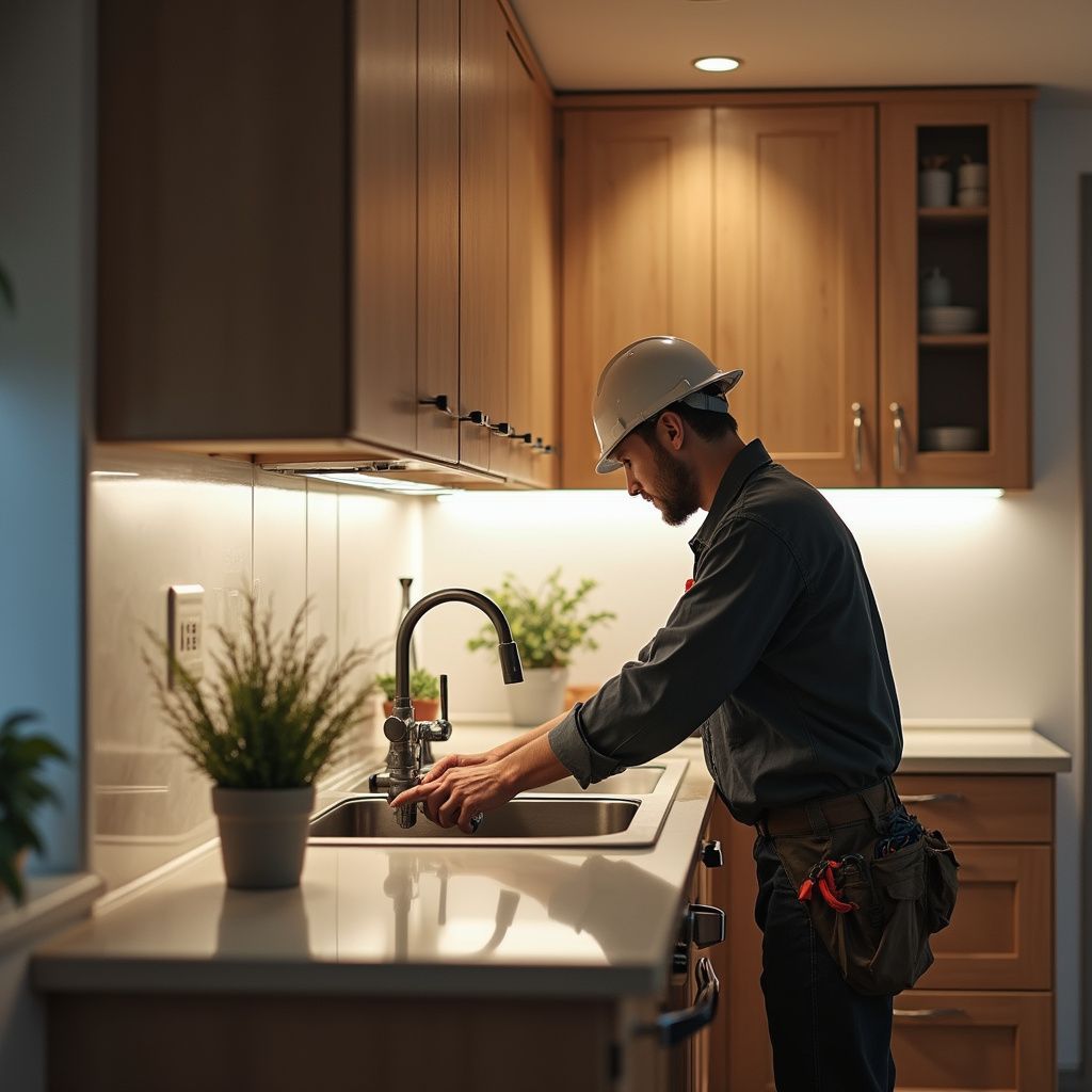 A worker in a hard hat fixing a kitchen sink. Kitchen cabinets and countertops are visible.