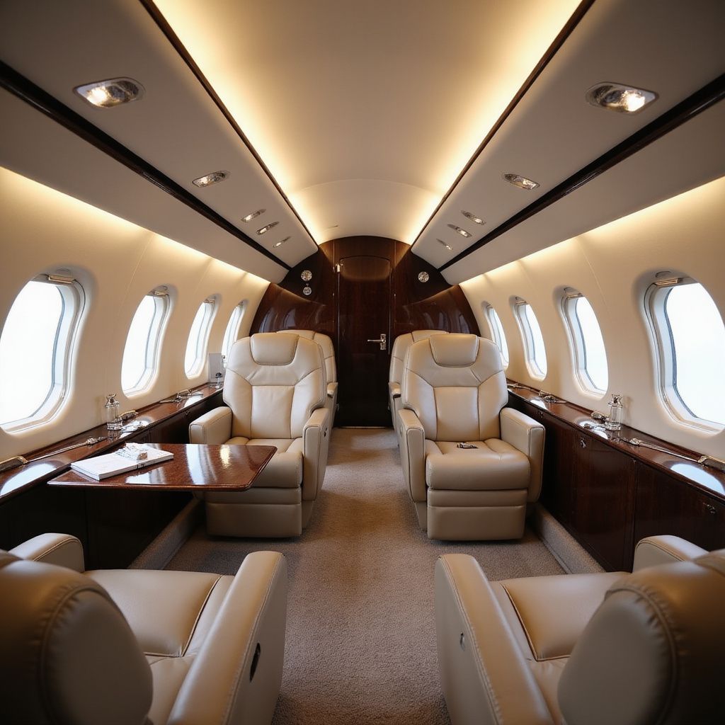 Interior of a private jet with cream leather seating, wood paneling, and overhead lighting.
